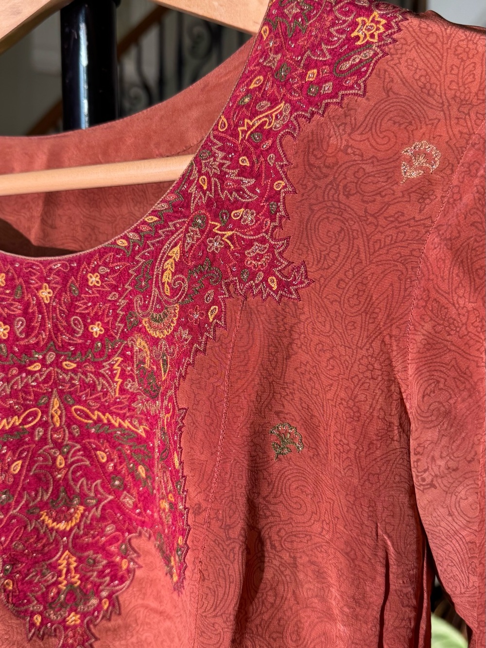 Rust Embroidered Paisley Women’s Kurta with Pink Accents